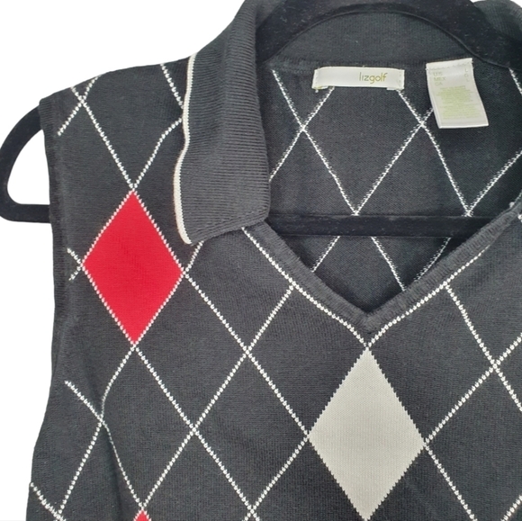 LIZ GOLF Elegant Shirt Vest Collar V Neck Black/Red/White Women's Size L - Picture 3 of 8